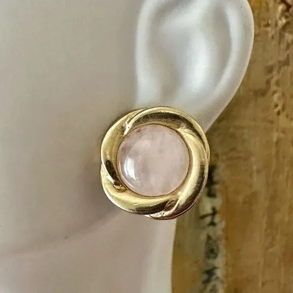 Rose quartz gold tone post earrings - Picture 1 of 6